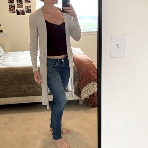 Three dots long ribbed cardigan with pockets and button detailing, oatmeal